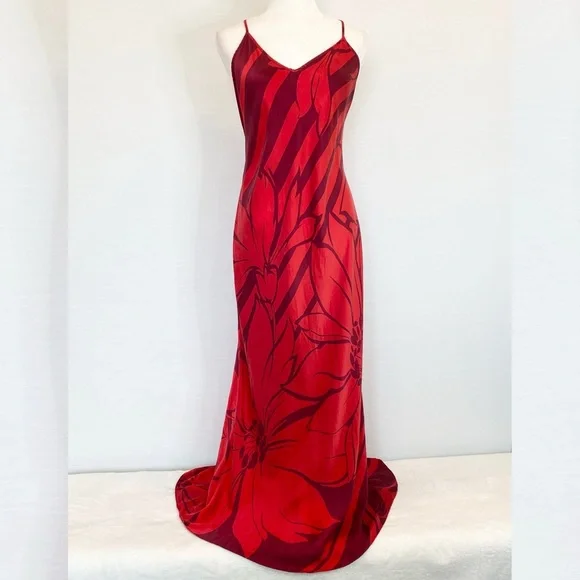 Y2K Victoria’s Secret Silk Bold Red Floral Maxi Gown Vintage Halter Slip Dress - Picture 8 of 11